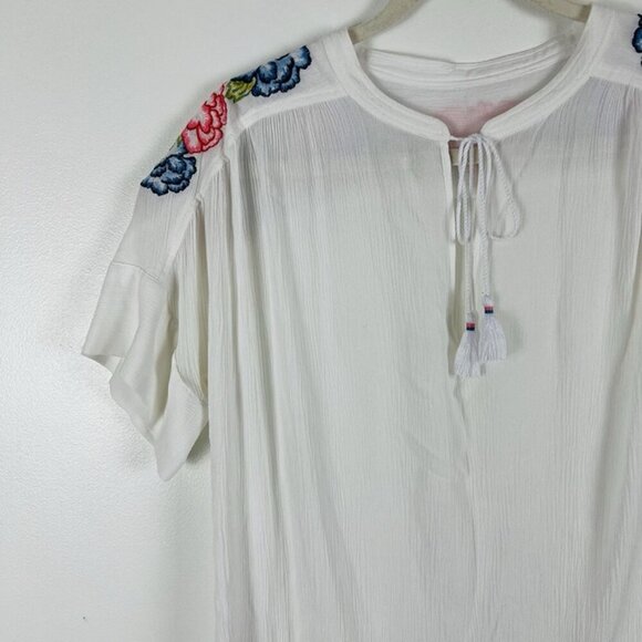 Lord & Taylor Embroidered White Blouse Sz L Short Sleeve Tunic Boho‎ Chic Beach - Picture 2 of 8